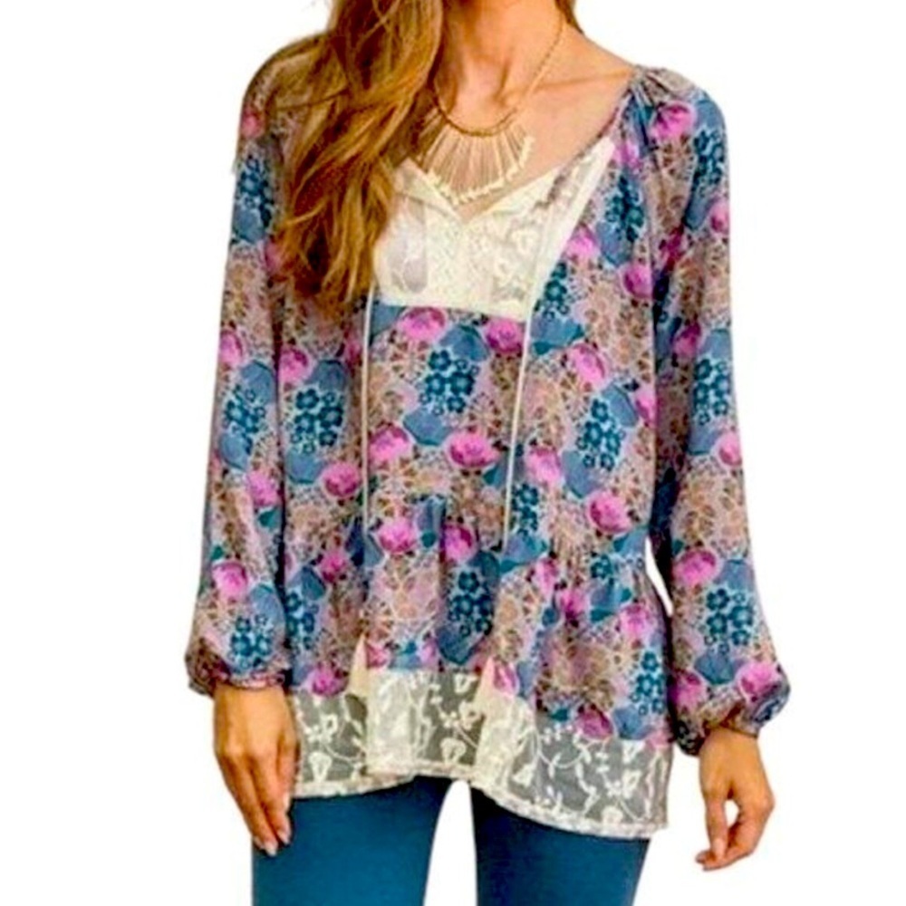 Matilda Jane Sew Perfect Floral Lace Boho Peasant Long Sleeve Blouse - Large
